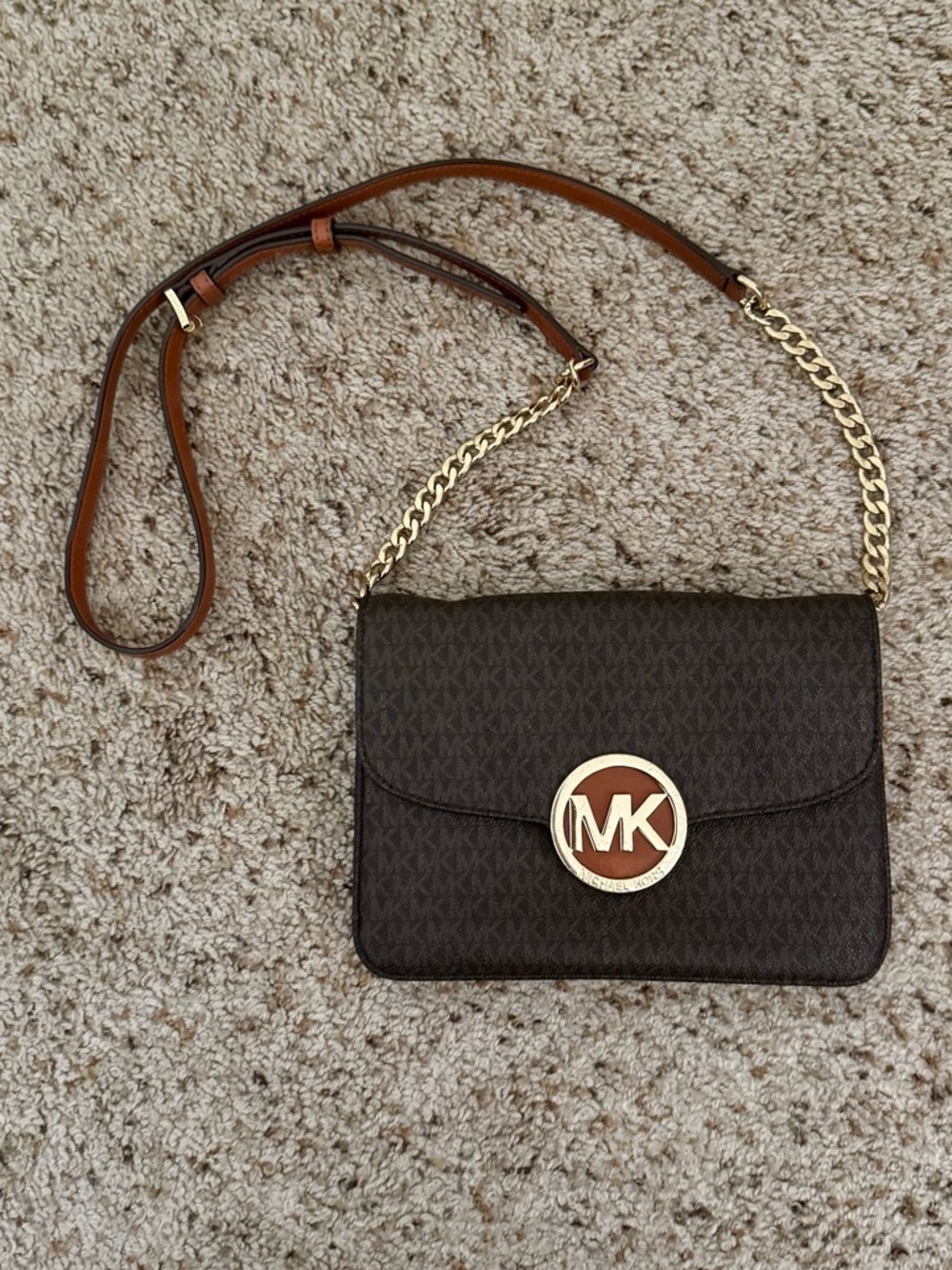 Michael Kors Brown Logo Crossbody with Gold MK Emblem